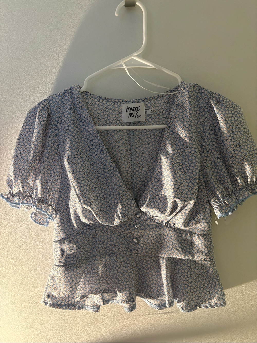 Princess Polly Light Blue Micro Floral Puff-Sleeve Peplum Top